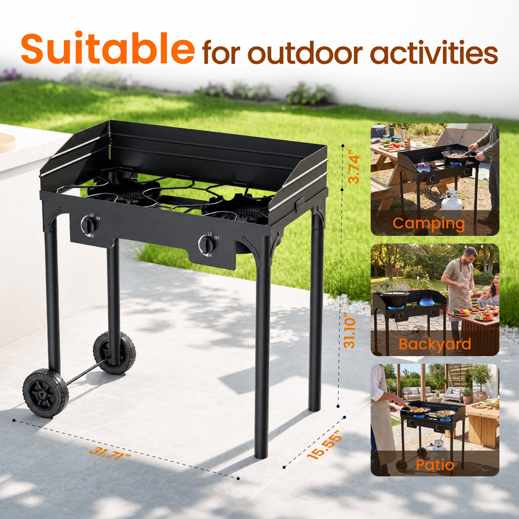 Biotree 2 Burner Outdoor Propane Gas Stove with 2 Wheels Wind Panel, 15,0000 BTU Camping Stove with Adjustable PSI Regulator and 4ft Hose With Removable Legs for Cooking BBQ Home