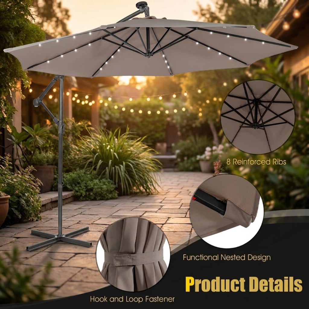 Biotree 10 ft Cantilever Offset Patio Umbrella Solar Powered Outdoor Shade - Brown - UV Protection with Cross Base