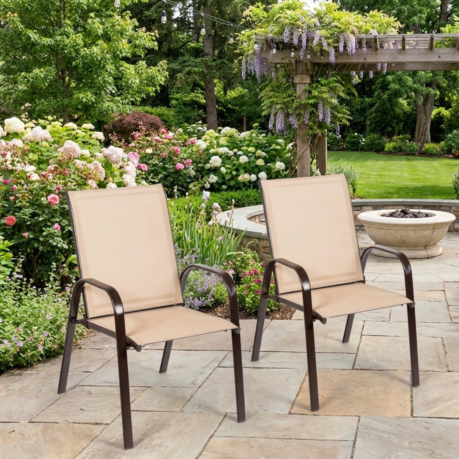 Biotree 2 Pcs Patio Chairs Outdoor Dining Chair with Armrest Stackable Patio Chair for Garden BackyardBeige