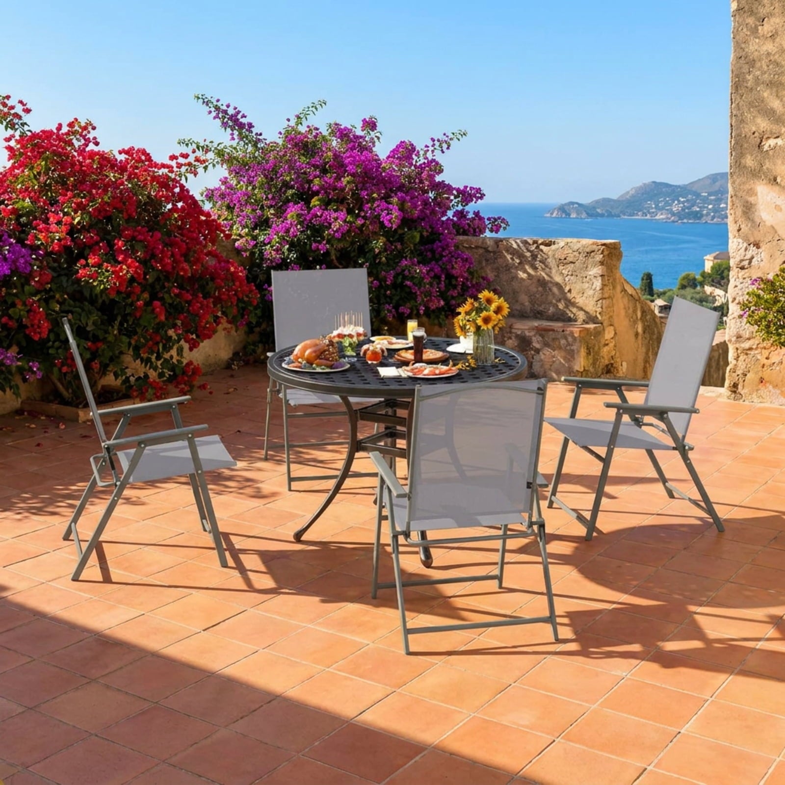 Biotree Set of 4 Patio Folding Chair Set with Rustproof Metal Frame Stackable Patio Chair for Garden BackyardGray
