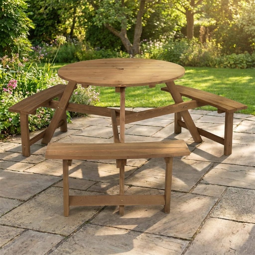 Biotree 65-Inch 6-person Round Wooden Picnic Table with Umbrella Hole and 3 Built-in Benches, Tan