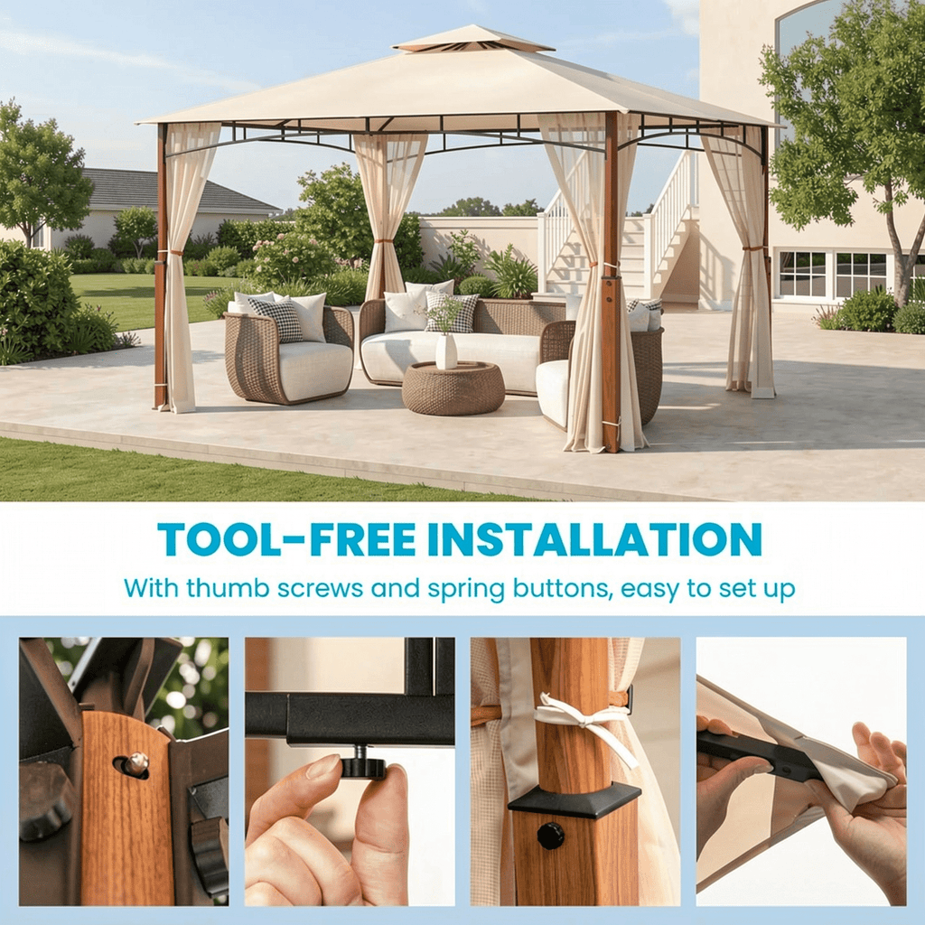 Biotree 12 x 10 Feet Outdoor Patio Gazebo with Netting and 2-Tier Canopy Roof Beige - Outdoor Patio Backyard Garden Shade Canopy Shelter
