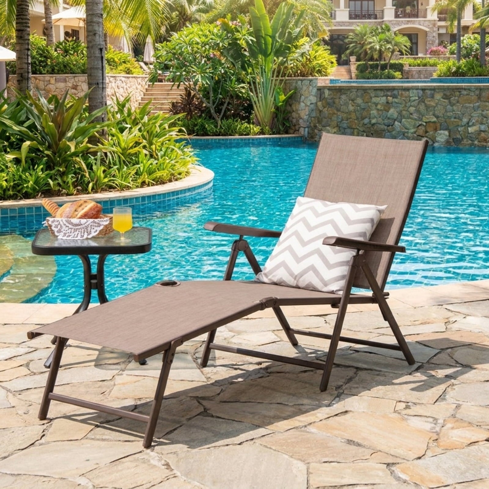 Biotree 2 Pieces Foldable Chaise Lounge Chair with 2-Position Footrest Stackable Patio Chair for Garden BackyardBrown