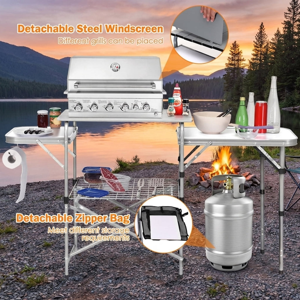 Biotree Foldable Outdoor BBQ Portable Grilling Table with Windscreen and Carry Bag Camping Grill Table for Cooking, Silver