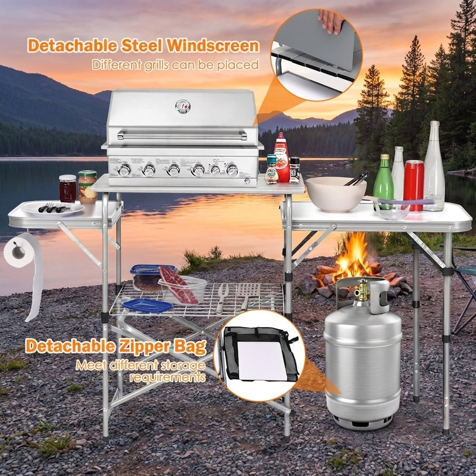 Biotree Foldable Outdoor BBQ Portable Grilling Table with Windscreen and Carry Bag Camping Grill Table for Cooking, Silver