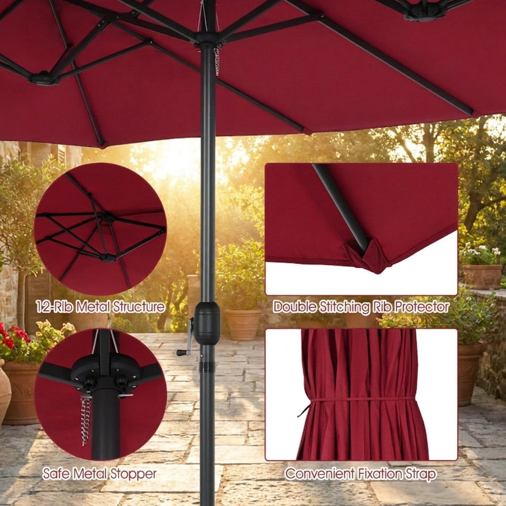 Biotree 15 ft Double-Sided Twin Patio Umbrella Crank Tilt Outdoor Shade - Red - UV Protection with Cross Base