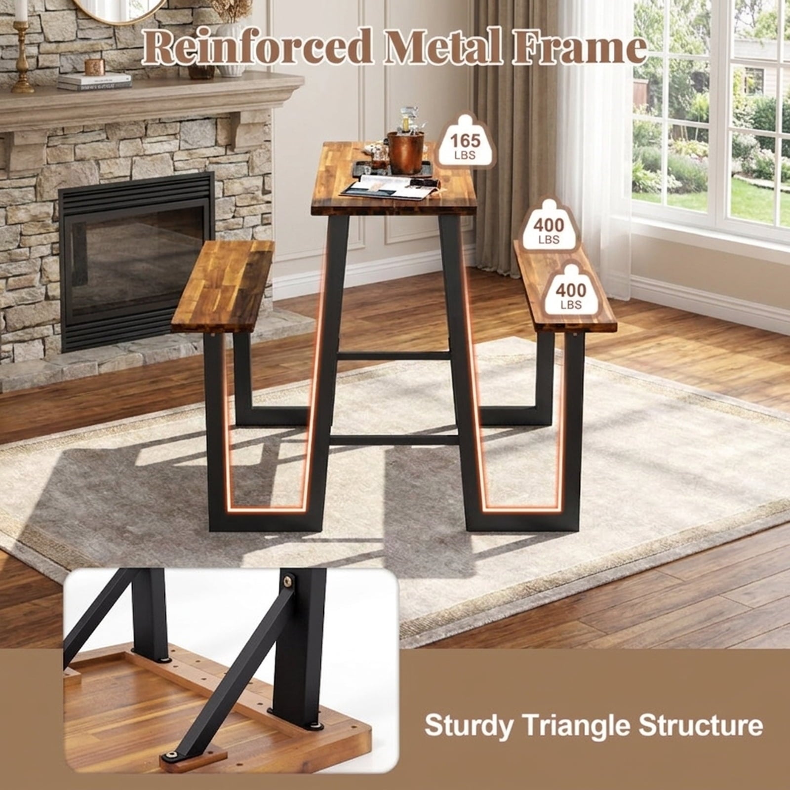 Biotree Patio Picnic Table Bench Set with Acacia Wood Tabletop and Benchtop, Black