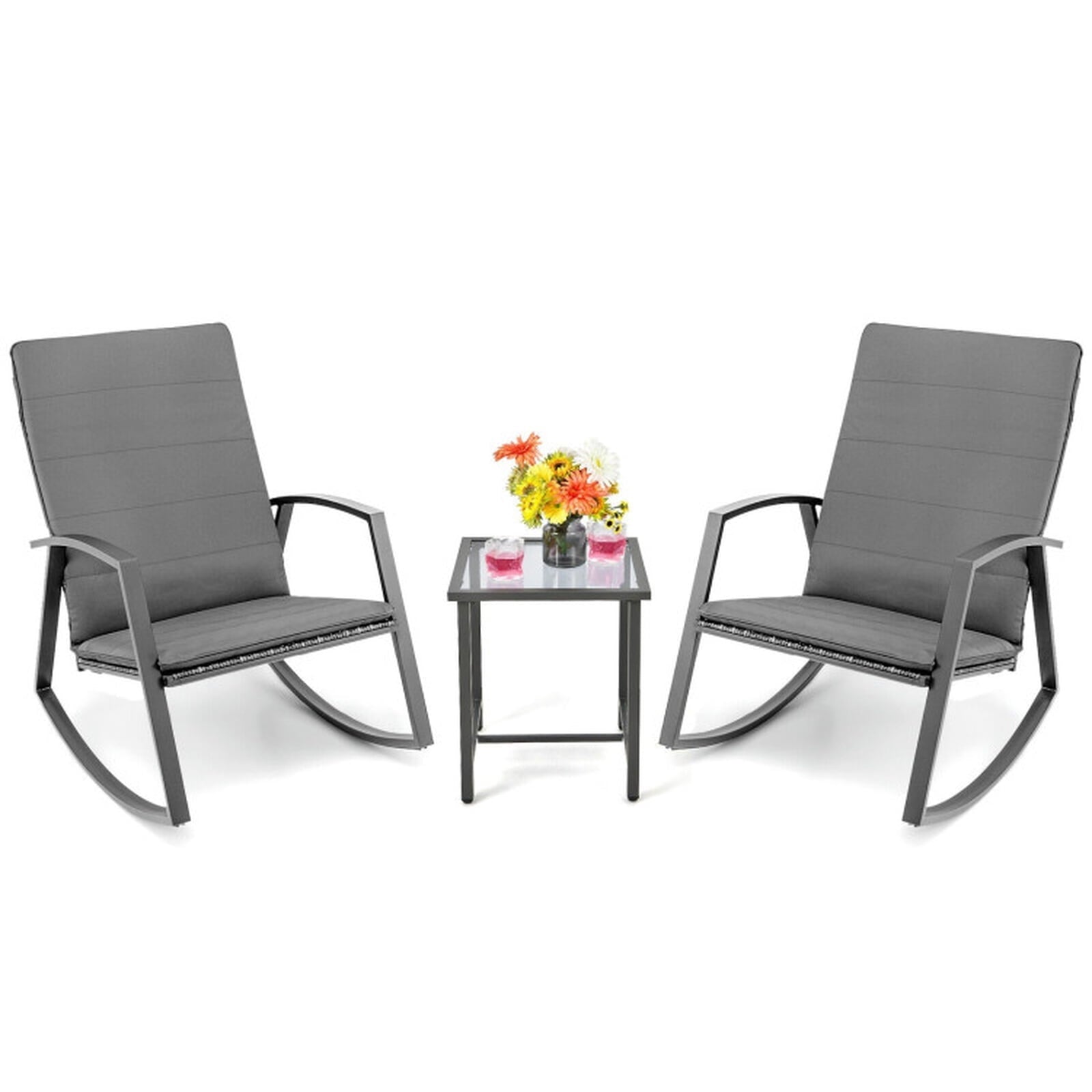 Biotree 3 Pieces Patio Rattan Rocking Furniture Set Outdoor Conversation Set for Garden Backyard PorchGray