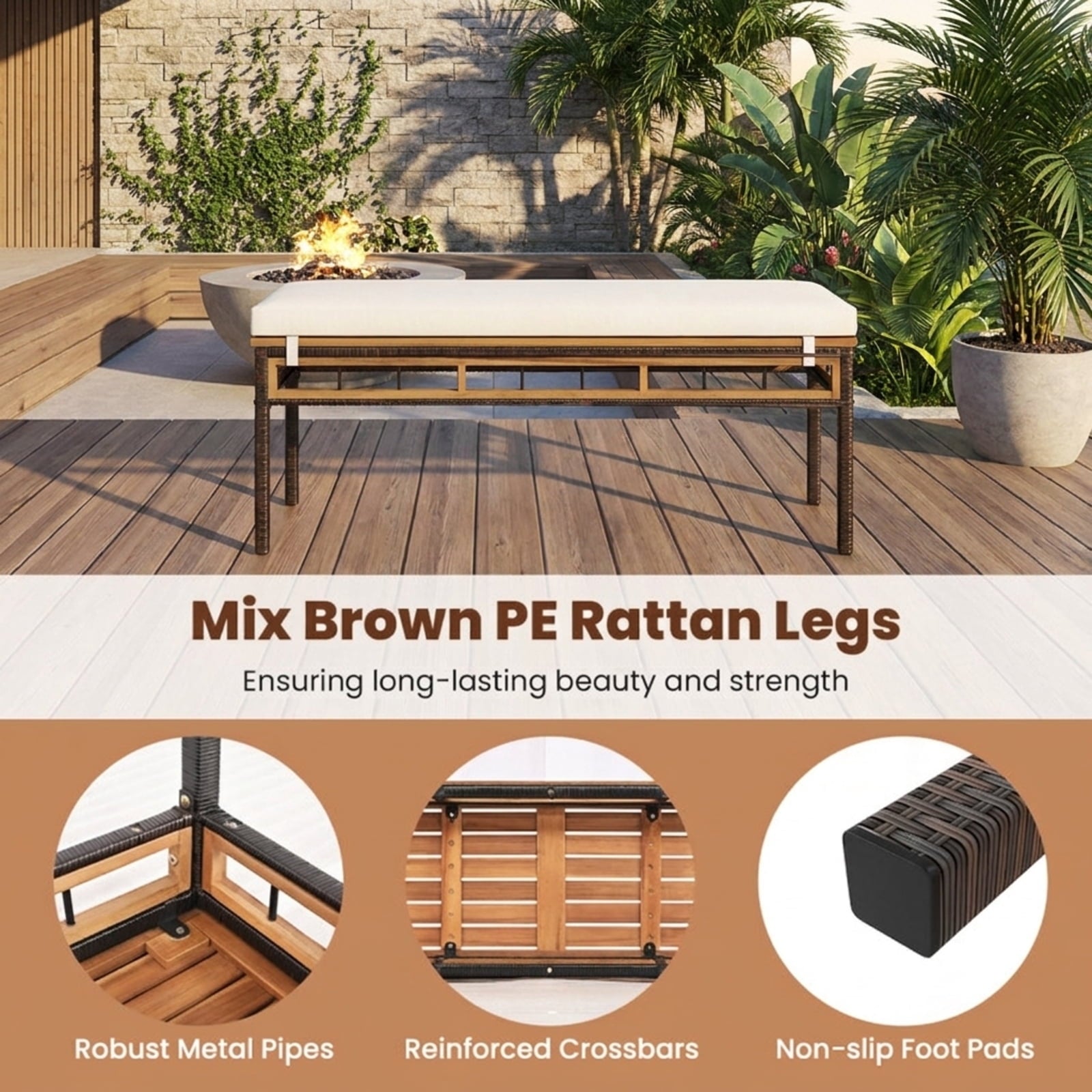 Biotree Wicker Patio Bench for 2 People 48invh Long Backless Dining Bench with Acacia Wood SeatWhite