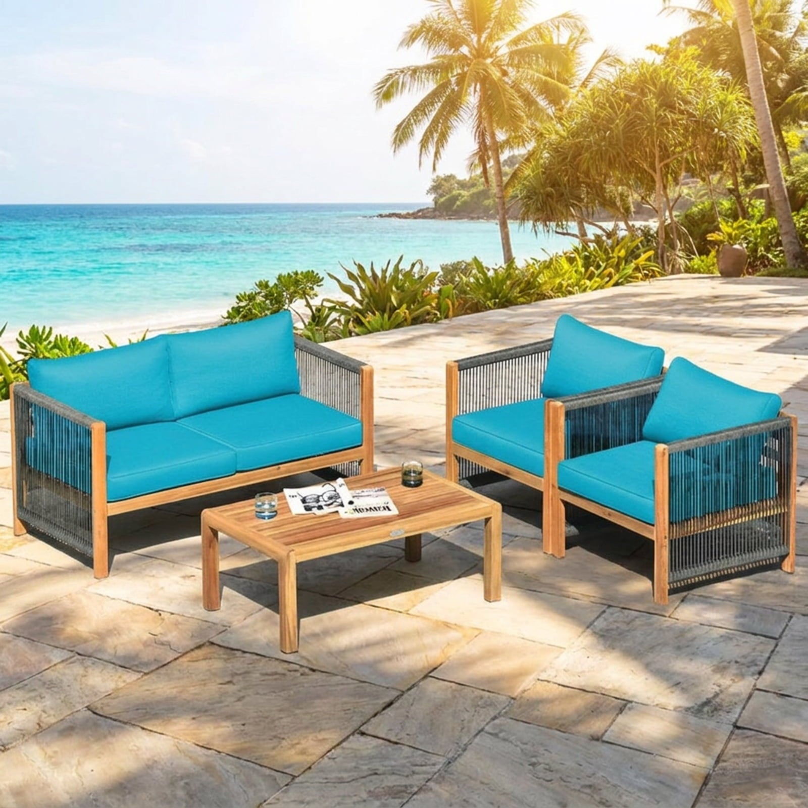 Biotree 4 Pieces Acacia Wood Outdoor Patio Furniture Set with Cushions Outdoor Conversation Set for Garden Backyard PorchTurquoise