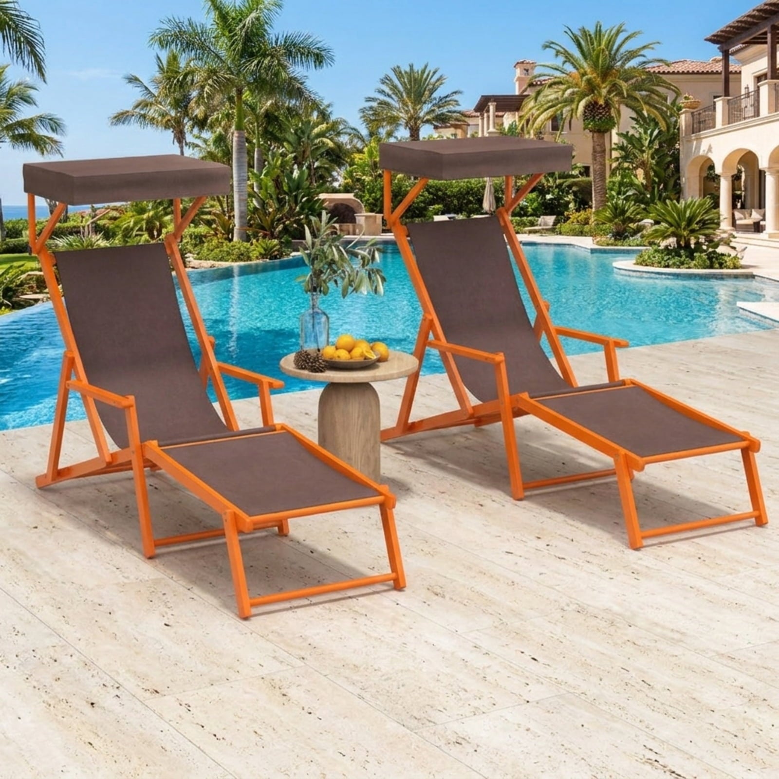 Biotree Birch Wood Chaise Lounge Chair Foldable Beach Chair with Adjustable Canopy Stackable Patio Chair for Garden BackyardBrown