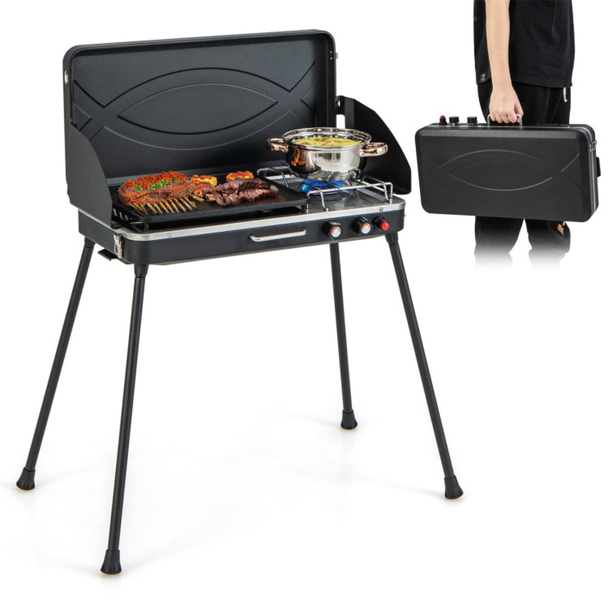 Biotree 2-in-1 Portable Gas Camping Grill and Stove, 20,000 BTU Propane Tabletop BBQ Grill, Foldable Camp Stove with Detachable Legs for Camping Picnic Backyard Black