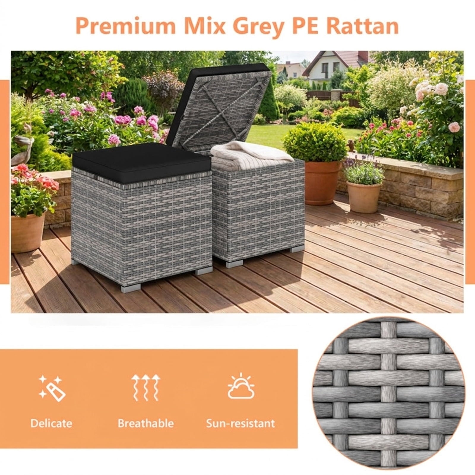 Biotree 2 Pieces Patio Ottoman with Hidden Storage Space-Mix Grey Stackable Patio Chair for Garden Backyardblack