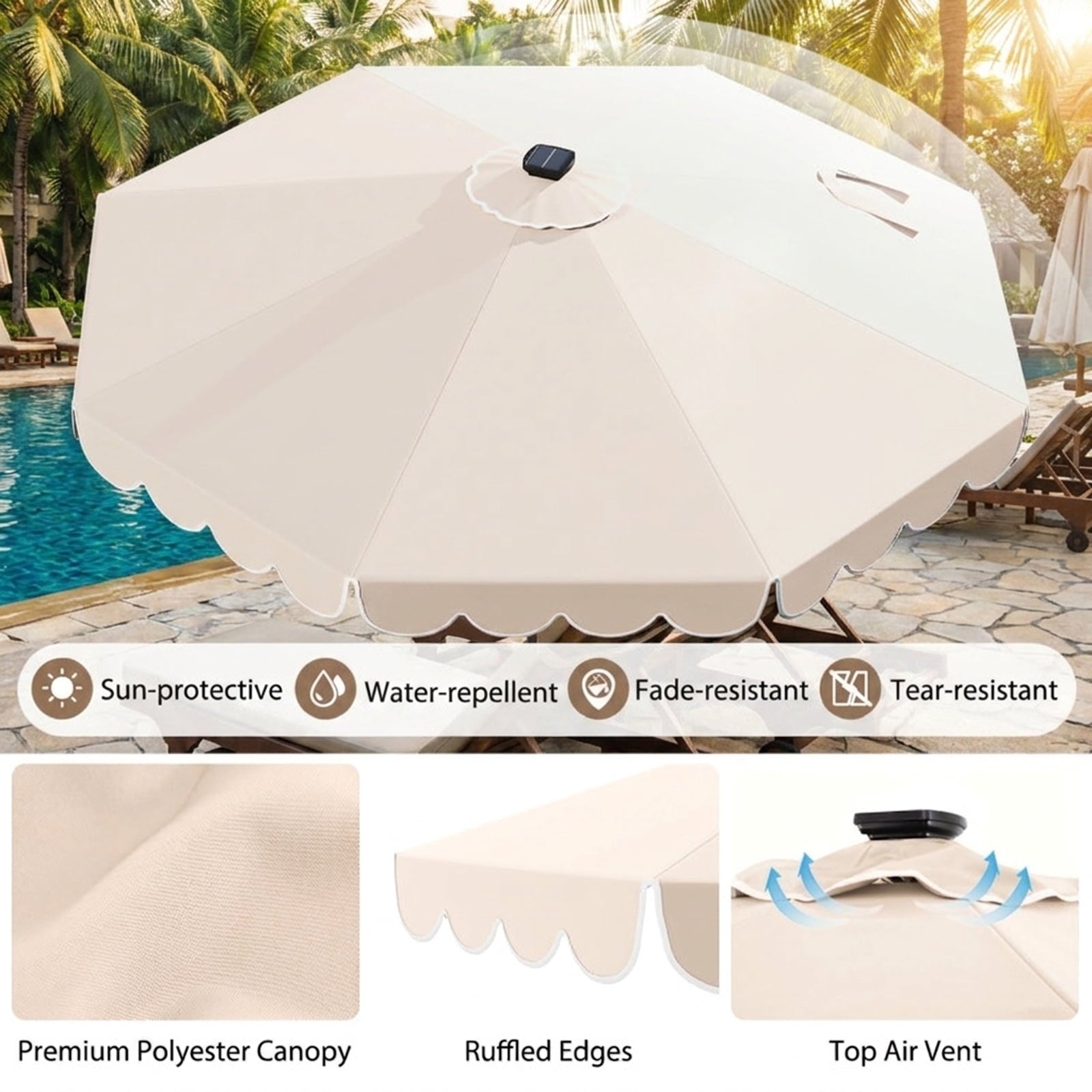 Biotree 10 ft Market Patio Umbrella with Crank and Tilt, 8 Sturdy Ribs, Vented Canopy - Beige for Backyard