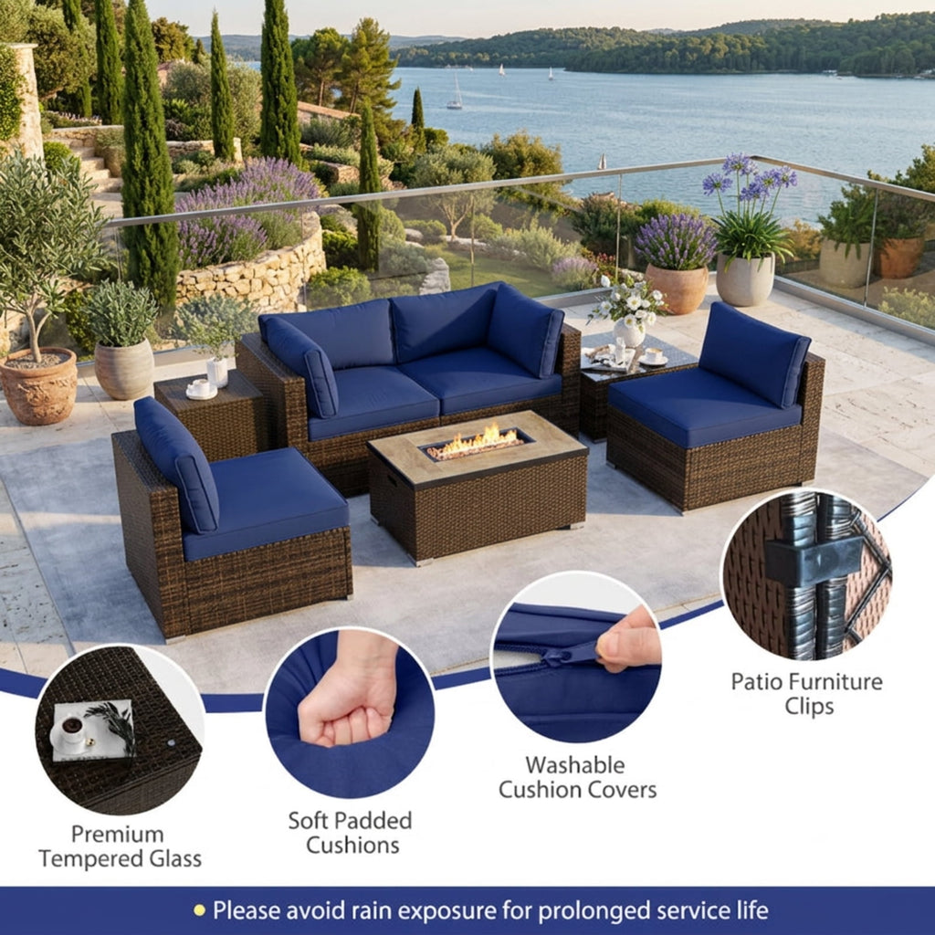 Biotree 7 Pieces Outdoor Furniture Set with 32 Inch Fire Pit Table and Propane Tank Cover Outdoor Conversation Set for Garden Backyard PorchNavy