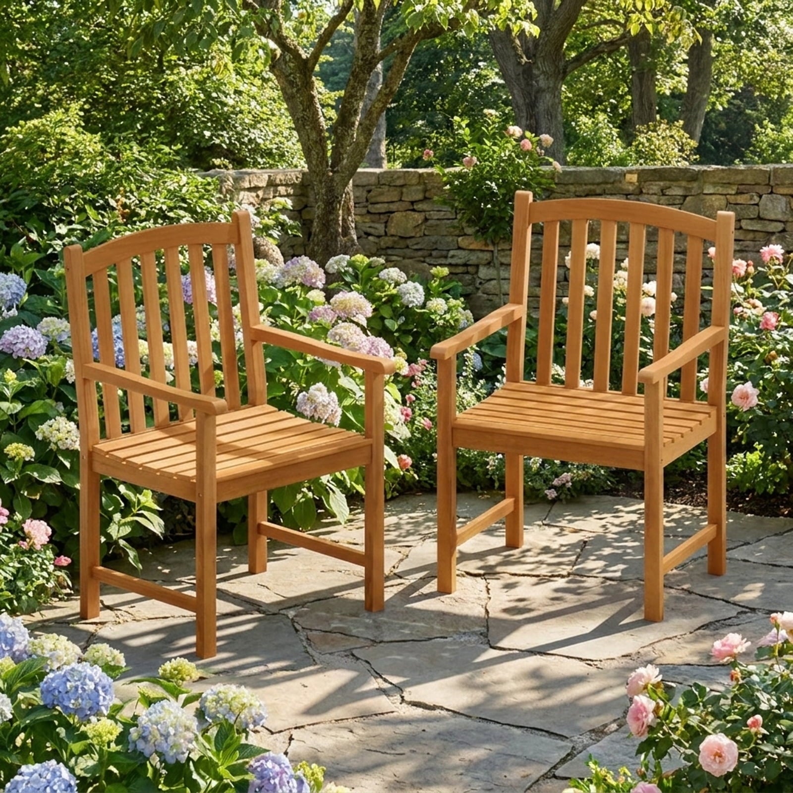Biotree Solid Acacia Wood Patio Chairs Set of 2 with Slatted Seat and Inclined Backrest for PorchNatural
