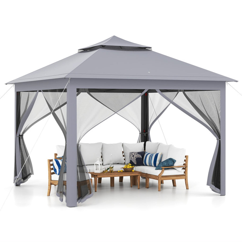 Biotree 11 x 11 Feet 2-Tier Pop-Up Gazebo Tent Portable Canopy Shelter with Mesh Netting and Carry Bag, Outdoor Event Gazebo for Backyard Patio Garden Party, Gray