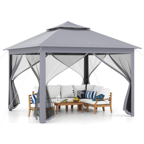 Biotree 11 x 11 Feet 2-Tier Pop-Up Gazebo Tent Portable Canopy Shelter with Mesh Netting and Carry Bag, Outdoor Event Gazebo for Backyard Patio Garden Party, Gray