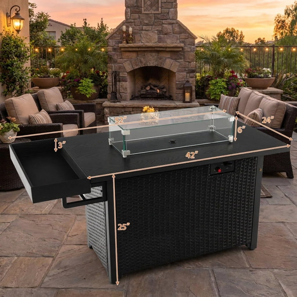 Biotree 52 Inches Outdoor Wicker Gas Fire Pit Propane Fire Table with Cover for Outdoor Patio Backyard Garden Camping, Black
