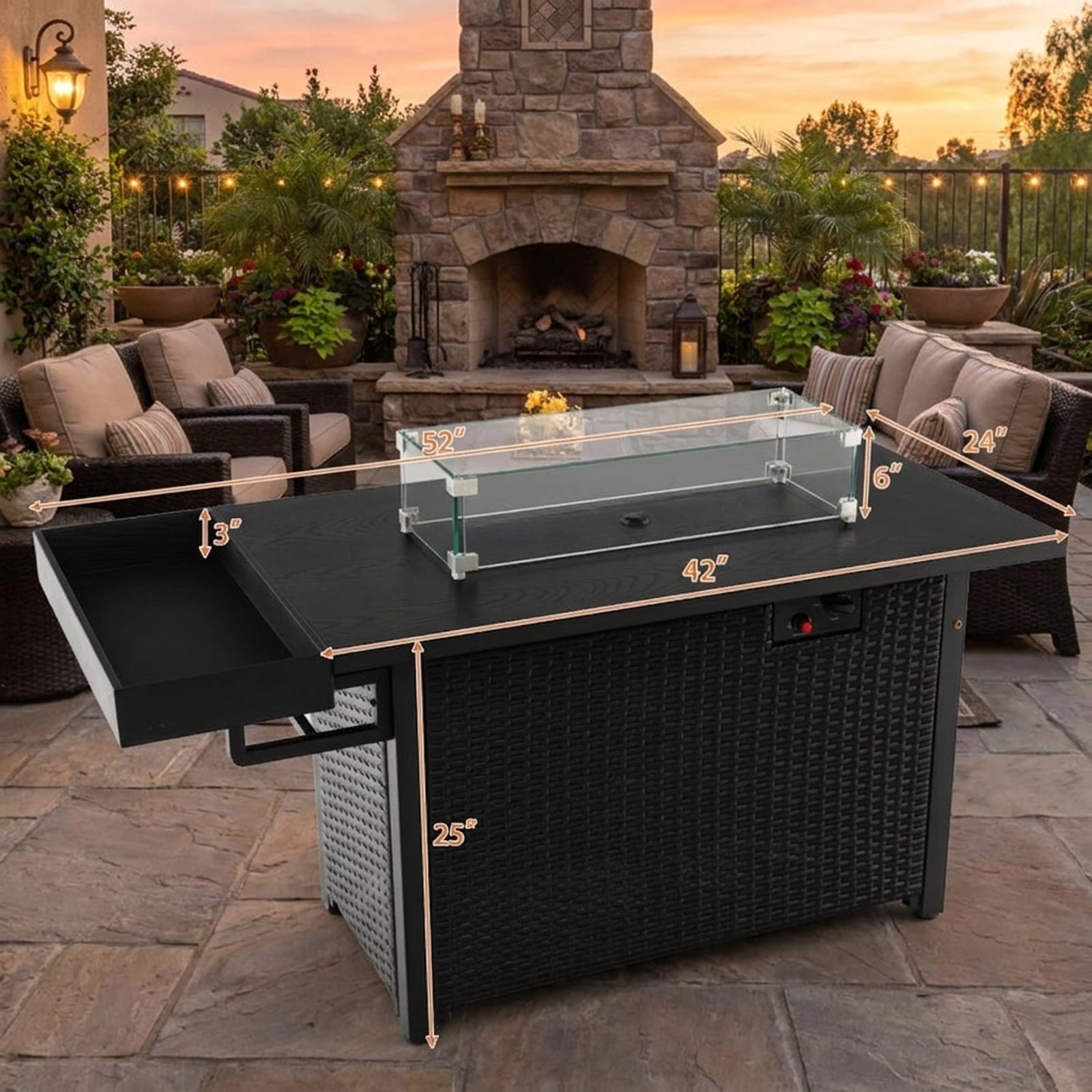 Biotree 52 Inches Outdoor Wicker Gas Fire Pit Propane Fire Table with Cover for Outdoor Patio Backyard Garden Camping, Black