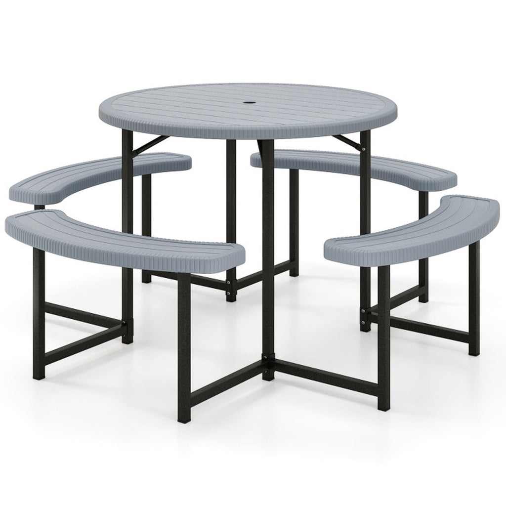 Biotree 62-Inch Round Picnic Table Bench Set with 4 Benches and Umbrella Hole for Patio Lawn, Gray
