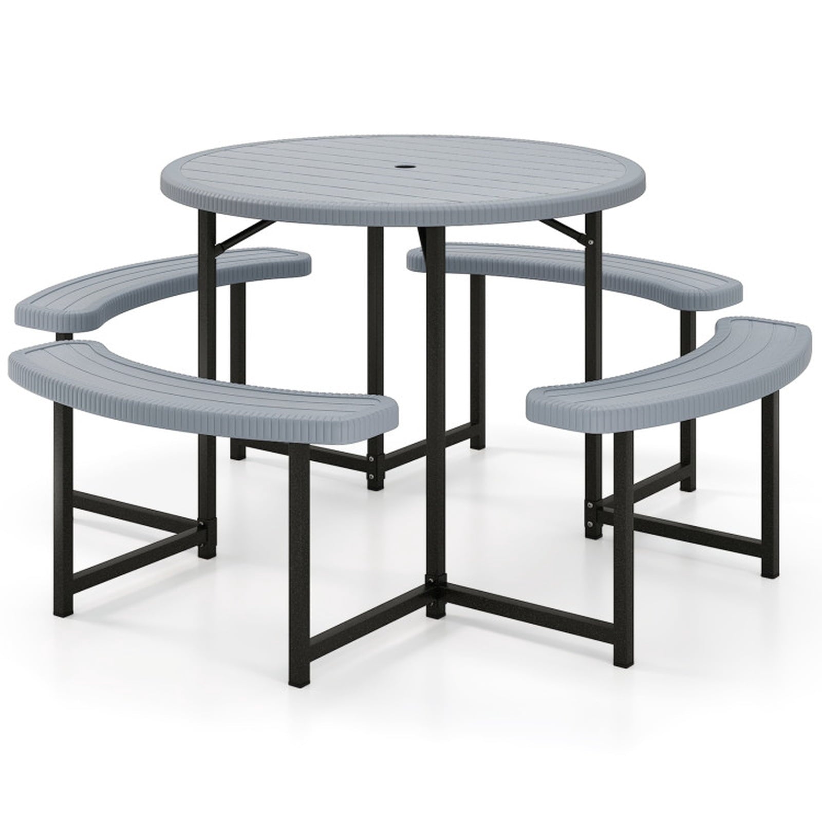 Biotree 62-Inch Round Picnic Table Bench Set with 4 Benches and Umbrella Hole for Patio Lawn, Gray