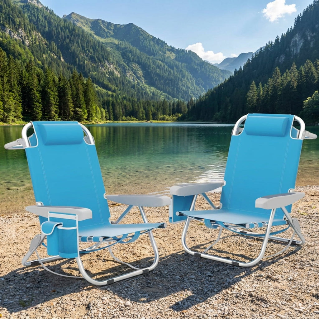 Biotree 1 Piece Foldable Backpack Beach Chair with Cup Holder and Storage Pockets for Outdoor Stackable Patio Chair for Garden BackyardBlue
