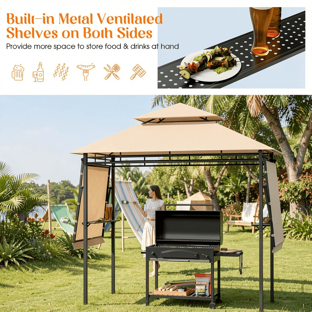 Biotree 13.5 x 4 Feet Patio BBQ Grill Gazebo Canopy with Dual Side Awnings Brown - Outdoor Patio Backyard Garden Shade Canopy Shelter