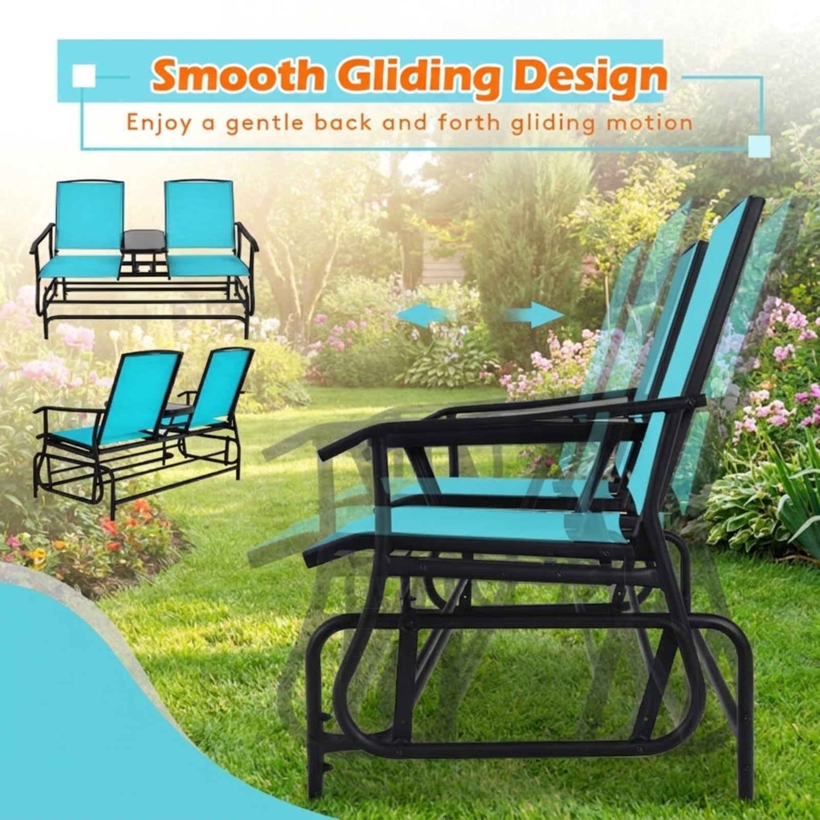 Biotree 2-Person Double Rocking Loveseat with Mesh Fabric and Center Tempered Glass TableTurquoise