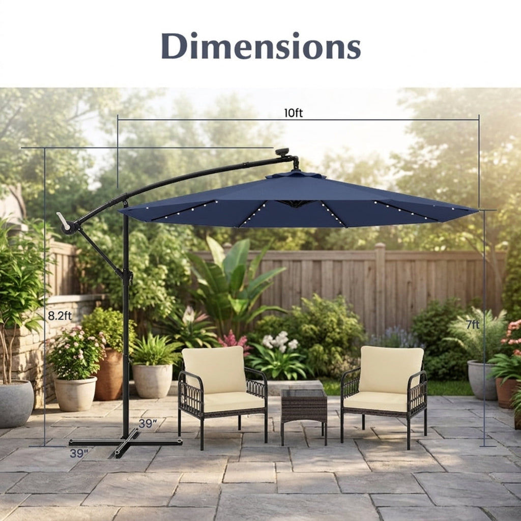 Biotree 10 ft Solar LED Cantilever Patio Umbrella Offset Hanging with Cross Base, 8 Ribs - Navy Blue