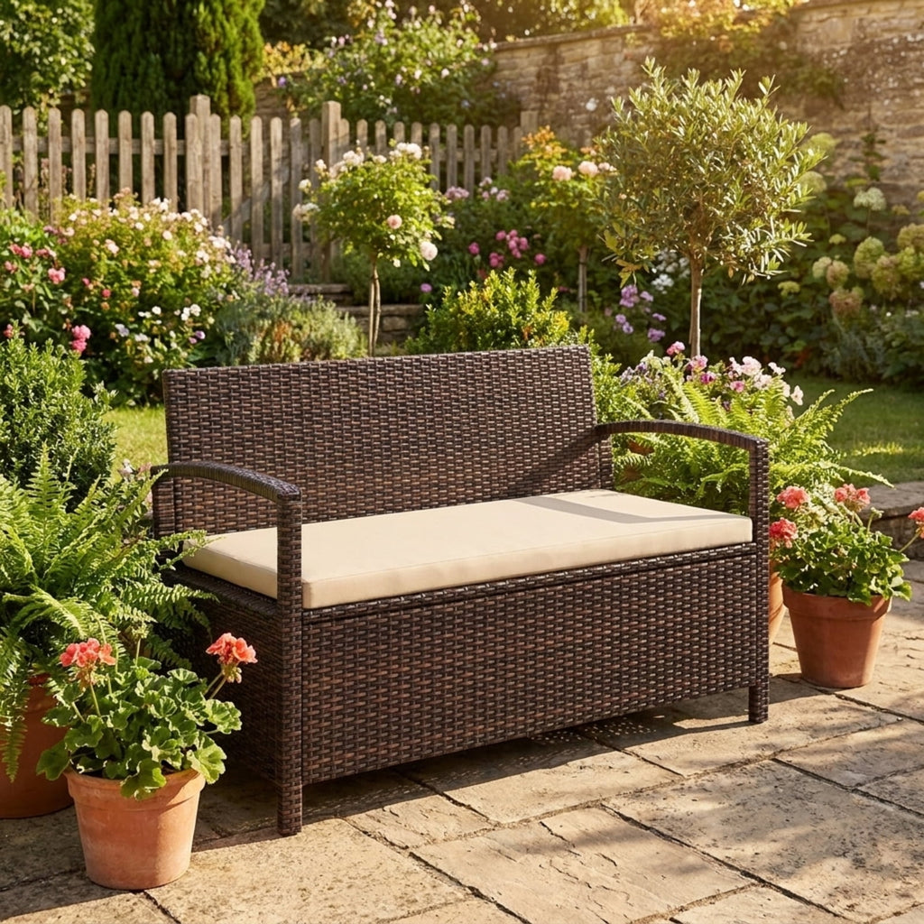Biotree Outdoor PE Wicker Storage Bench 2 Seater with Cushion and 42 Gallon Deck Box Stackable Patio Chair for Garden BackyardBeige