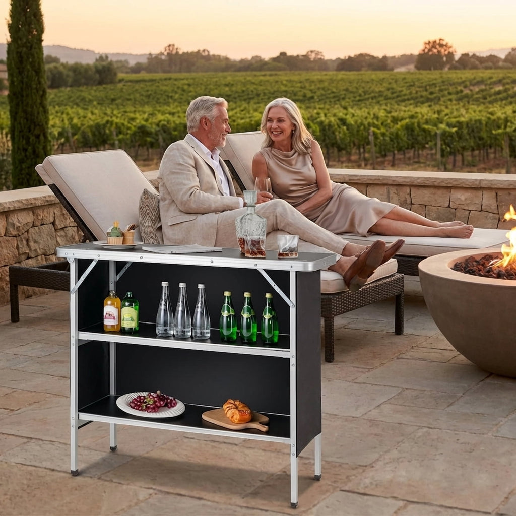 Biotree Folding Camping Table with 2-Tier Storage Shelves for Outdoor BBQ and Cooking, Black