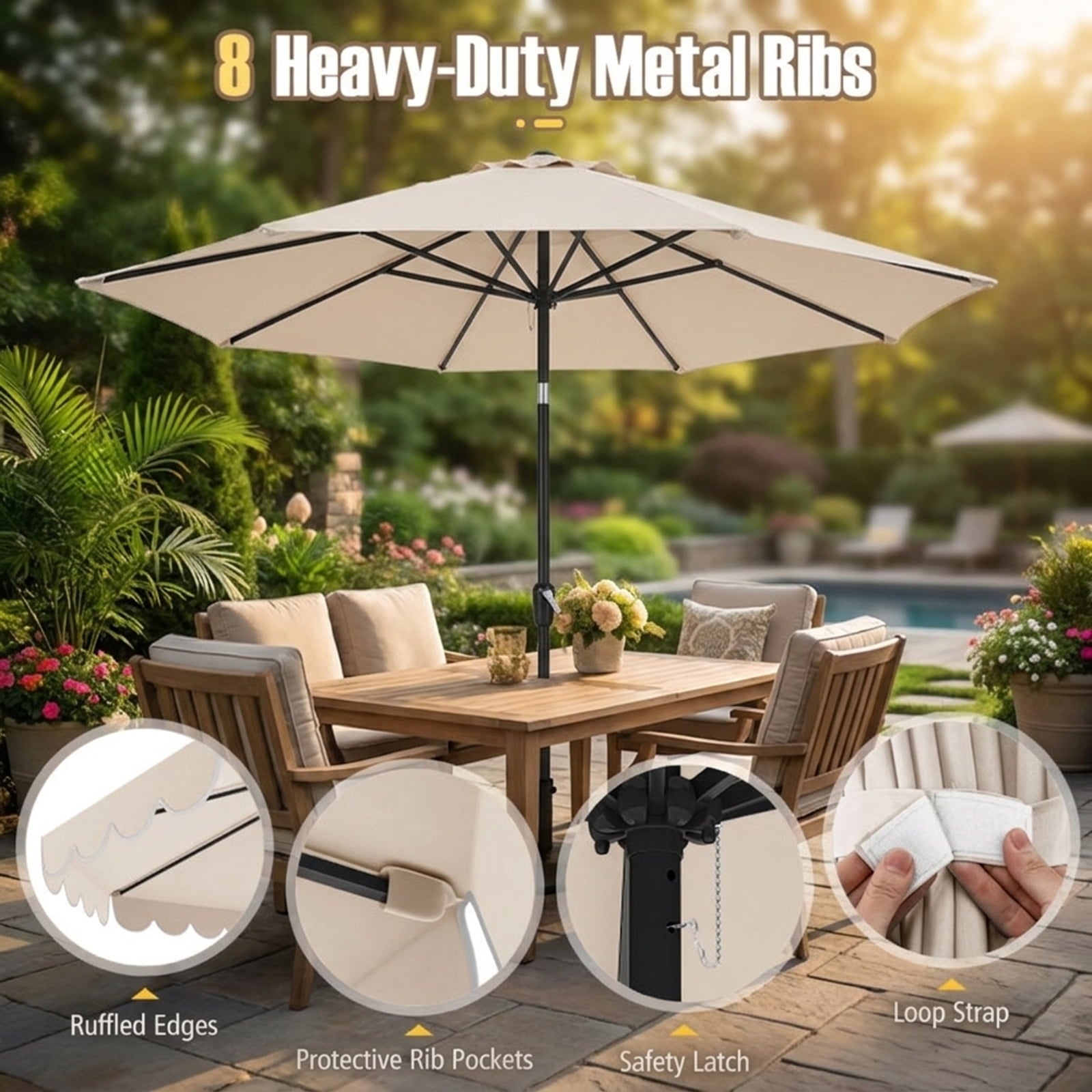 Biotree 10 ft Market Patio Umbrella with Crank and Tilt, 8 Sturdy Ribs, Vented Canopy - Beige for Backyard