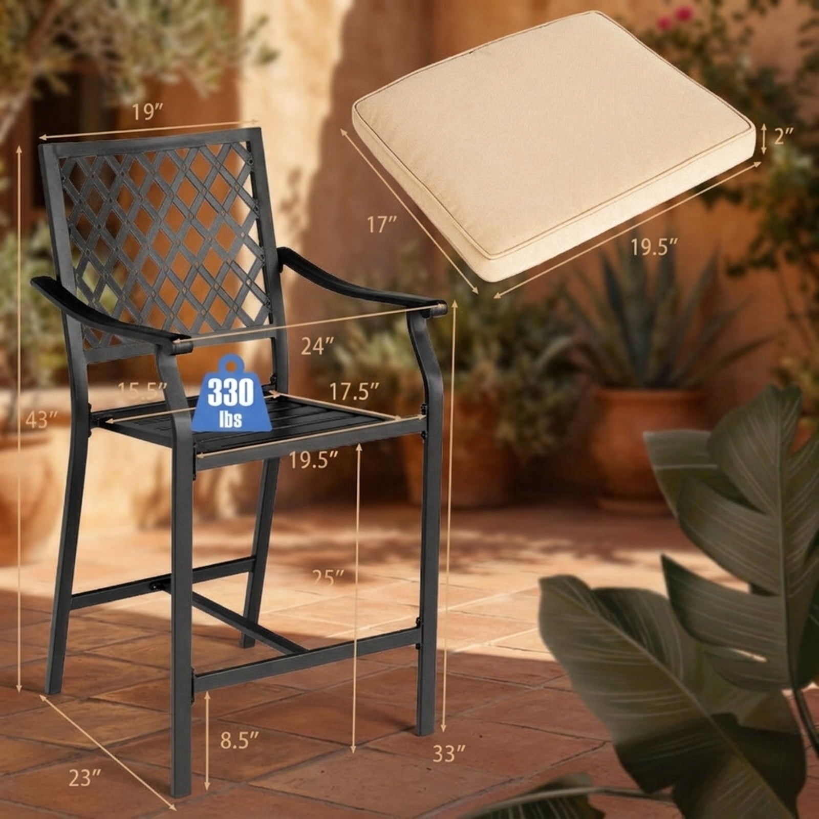 Biotree Set of 2 Patio Bar Stools with Cushioned Seat and Armrests, Black - Outdoor Patio Bar Height Chair with Footrest