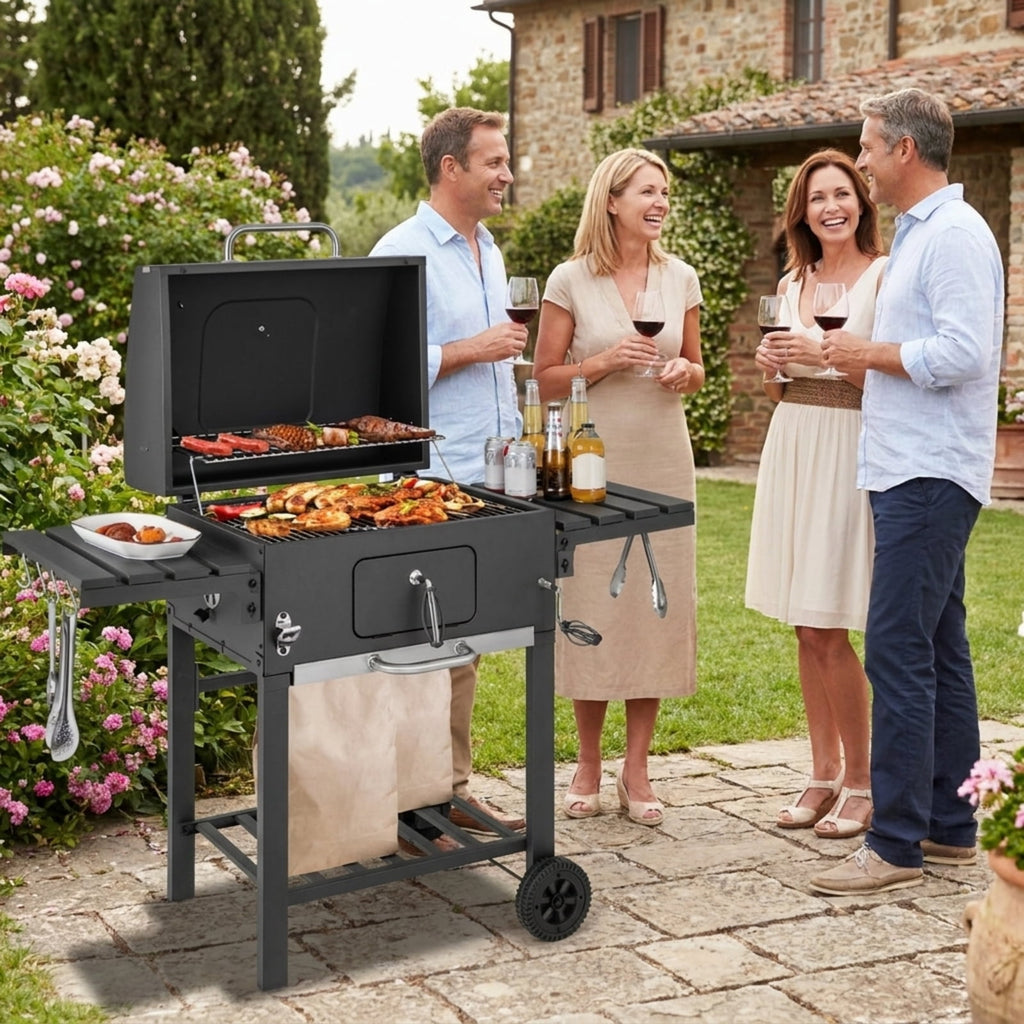 Biotree Outdoor BBQ Charcoal Grill with Folding Side Tables, Portable Charcoal BBQ Smoker on Wheels, Charcoal Grill Cooker with Thermometer for Backyard Patio Camping Black