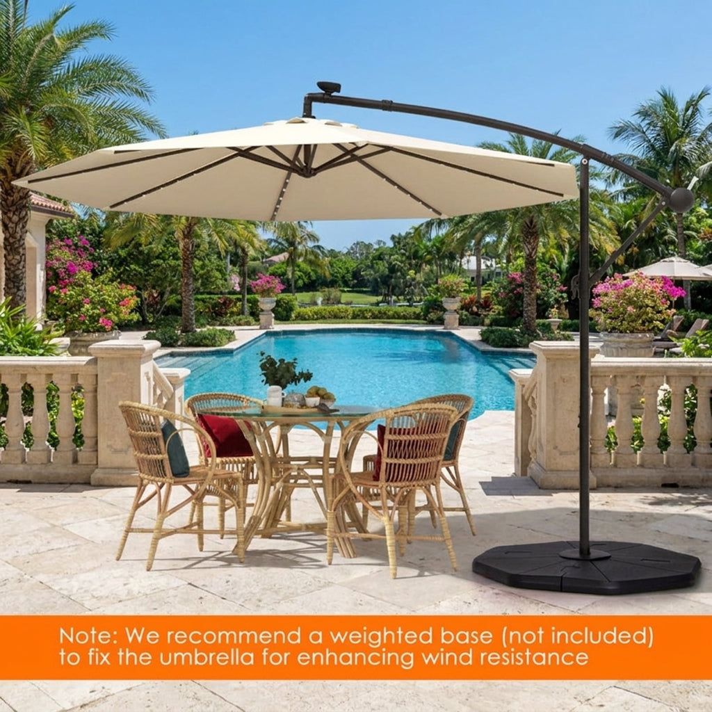 Biotree 10 ft Solar Offset Hanging Umbrella with 40 LED Lights Cross Base and 180G Polyester Canopy for Deck Garden Backyard - Tan