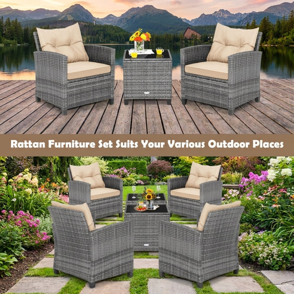 Biotree 3 Pieces Outdoor Wicker Conversation Set with Tempered Glass Tabletop Outdoor Conversation Set for Garden Backyard PorchBeige