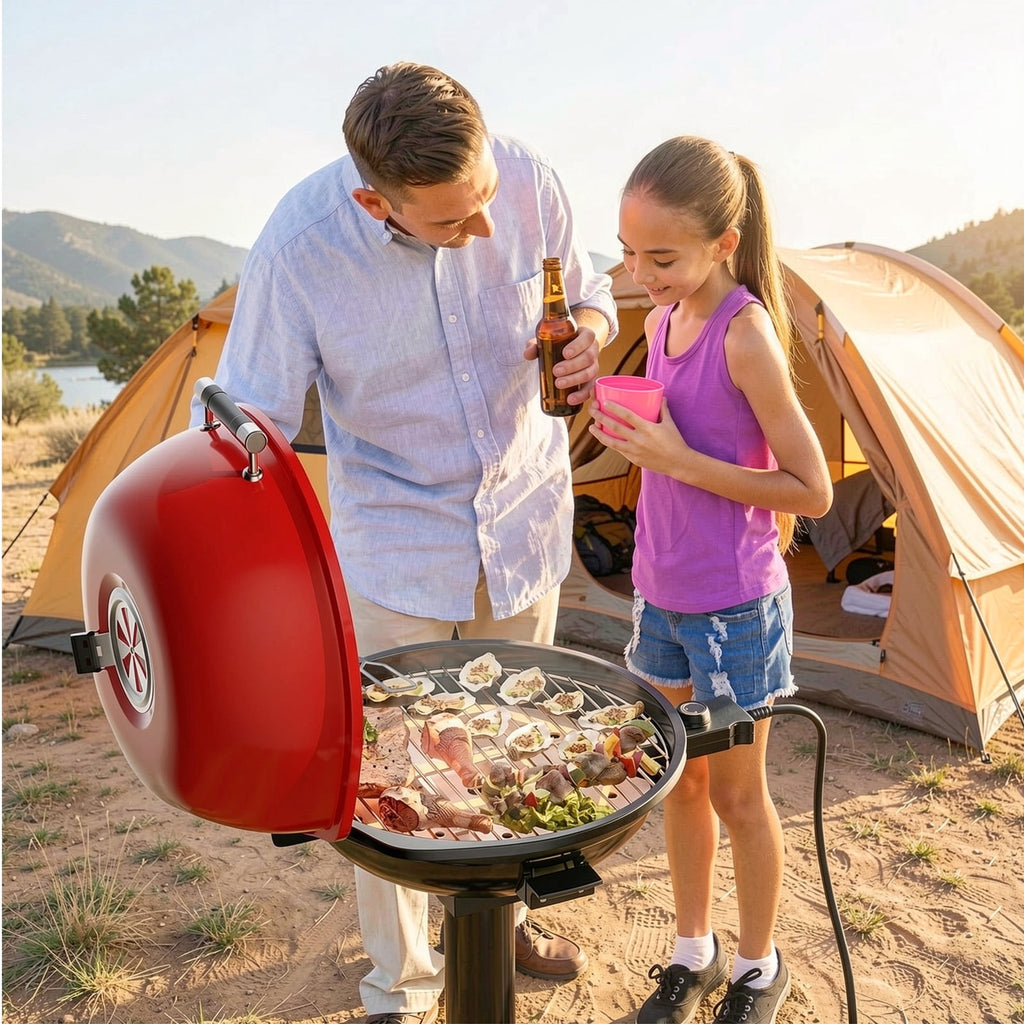 Biotree 1600W Portable Electric BBQ Grill with Removable Non-Stick Rack-Black and Red Outdoor Cooking Patio