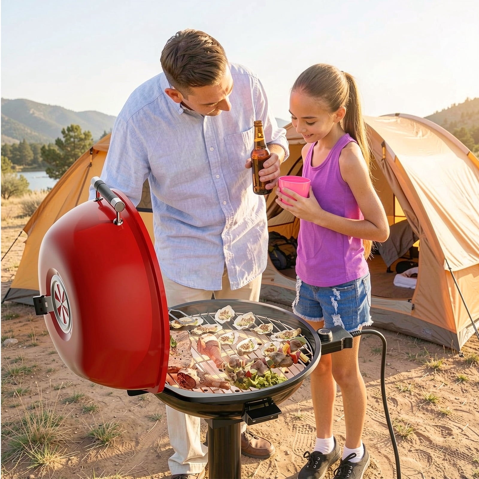 Biotree 1600W Portable Electric BBQ Grill with Removable Non-Stick Rack-Black and Red Outdoor Cooking Patio