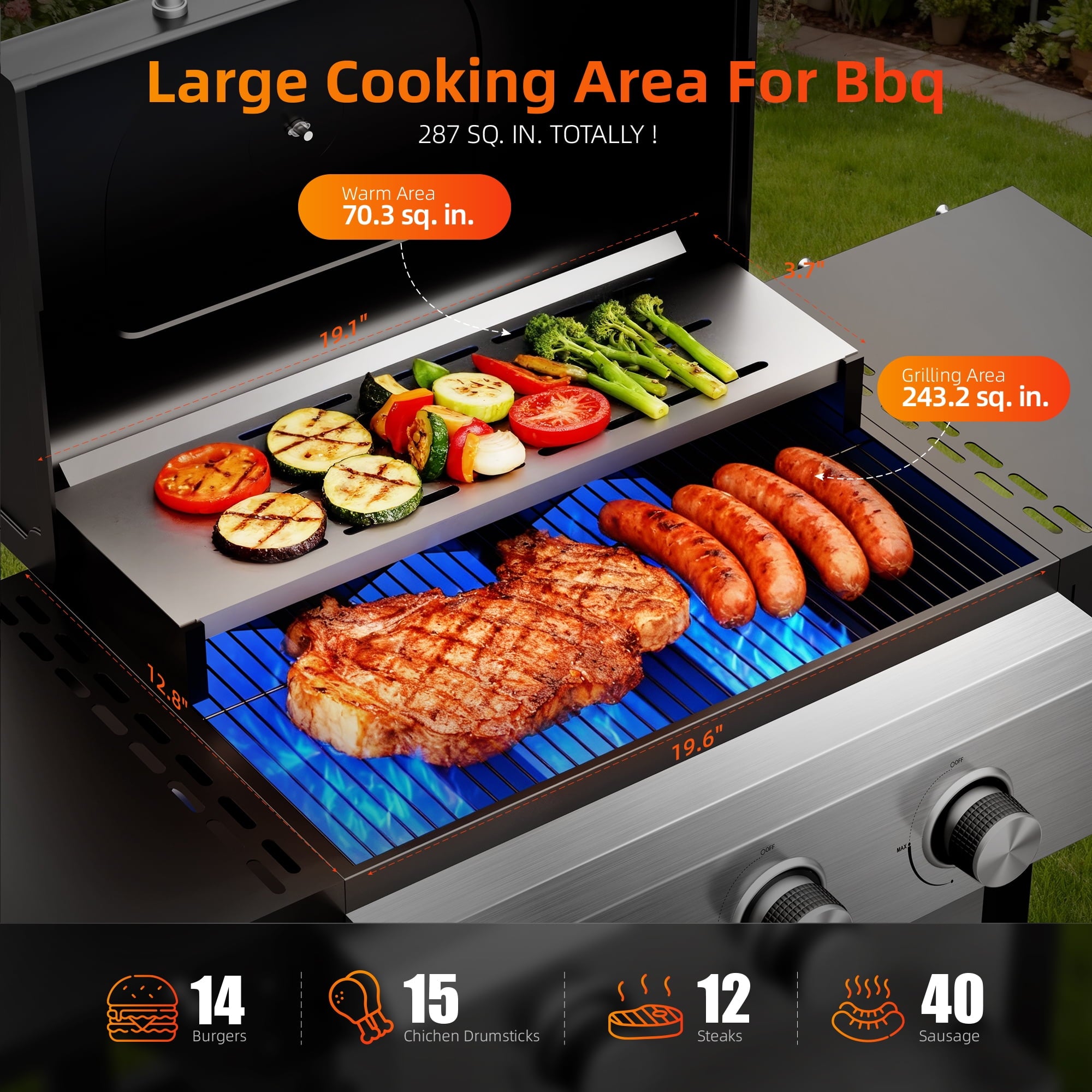 Biotree 3 Burner BBQ Propane Gas Grill, Stainless Steel 26,000 BTU Patio Garden Barbecue Grill with Two Foldable Shelves