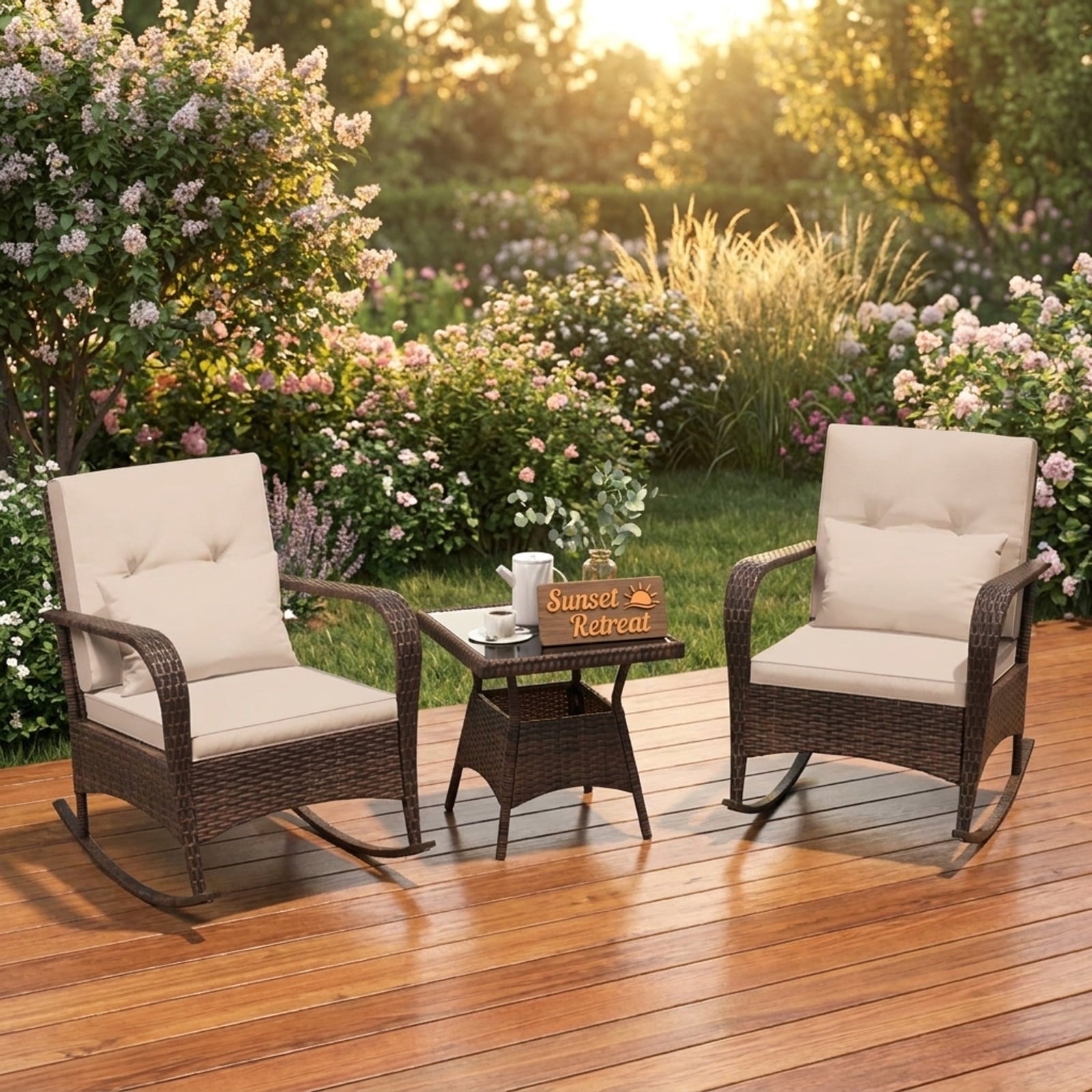 Biotree 3 Piece Outdoor Rocking Set with Tempered Glass Coffee Table for Backyard Poolside Outdoor Conversation Set for Garden Backyard PorchBrown