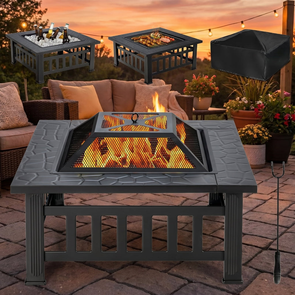 Biotree 32 Inch 3 in 1 Outdoor Square Fire Pit Table with BBQ Grill and Rain Cover for Camping for Outdoor Patio Backyard Garden Camping, Black