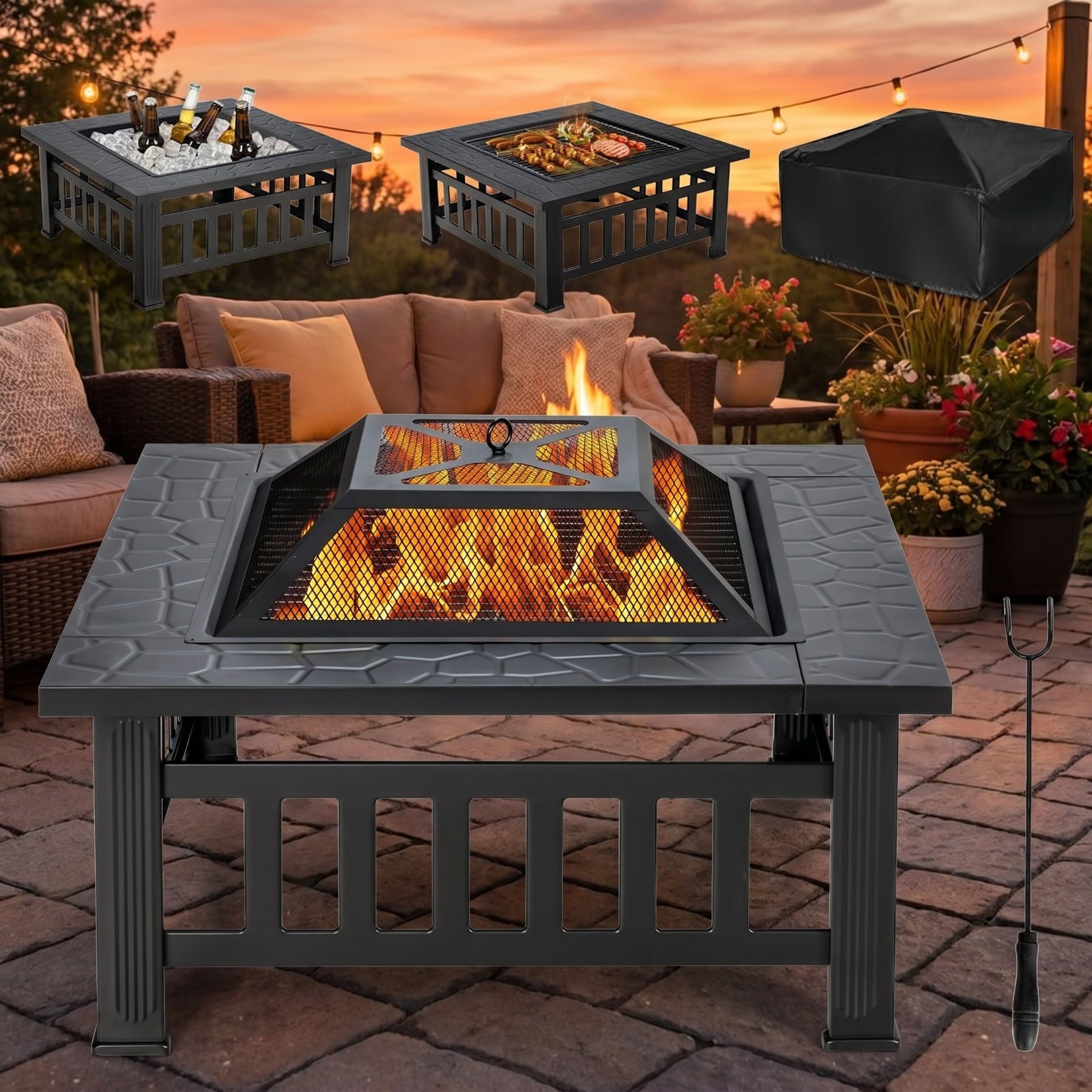 Biotree 32 Inch 3 in 1 Outdoor Square Fire Pit Table with BBQ Grill and Rain Cover for Camping for Outdoor Patio Backyard Garden Camping, Black