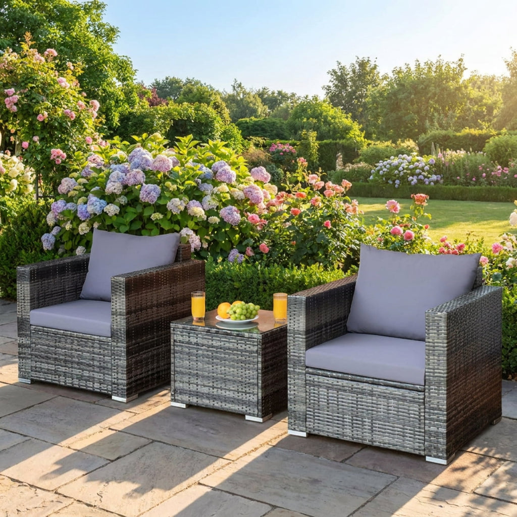 Biotree 3 Pcs Patio Rattan Furniture Bistro Sofa Set with Cushioned Outdoor Conversation Set for Garden Backyard PorchGray