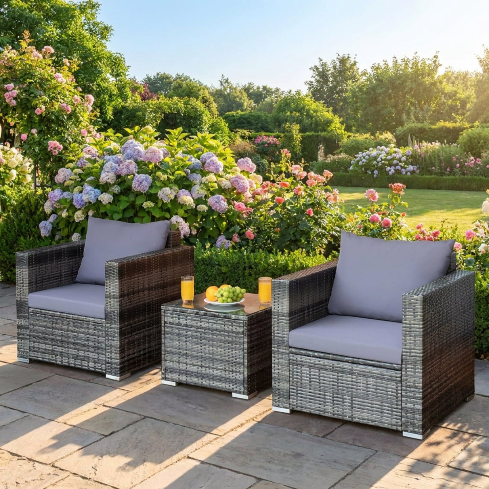 Biotree 3 Pcs Patio Rattan Furniture Bistro Sofa Set with Cushioned Outdoor Conversation Set for Garden Backyard PorchGray