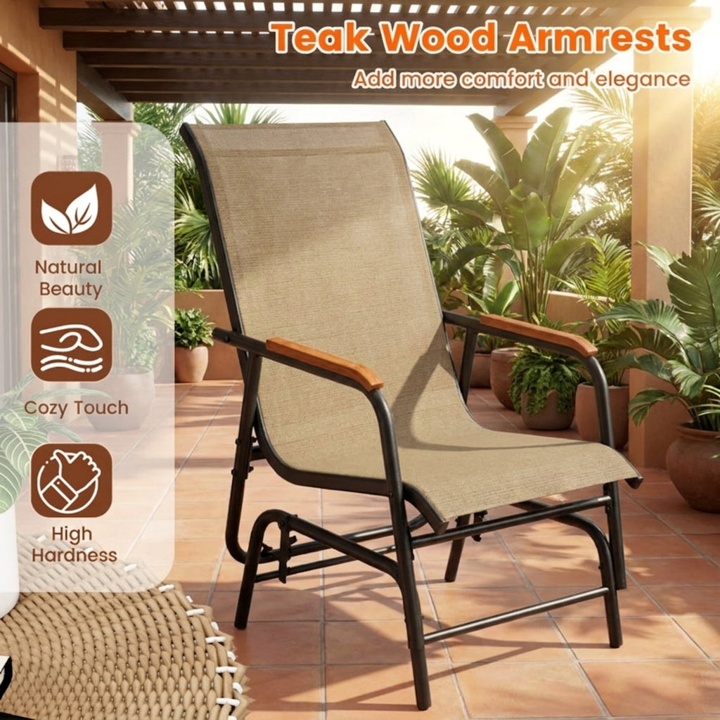 Biotree Patio Glider Bench with Curved Teak Armrests and Breathable Fabric Seat for 3 People Stackable Patio Chair for Garden BackyardBrown