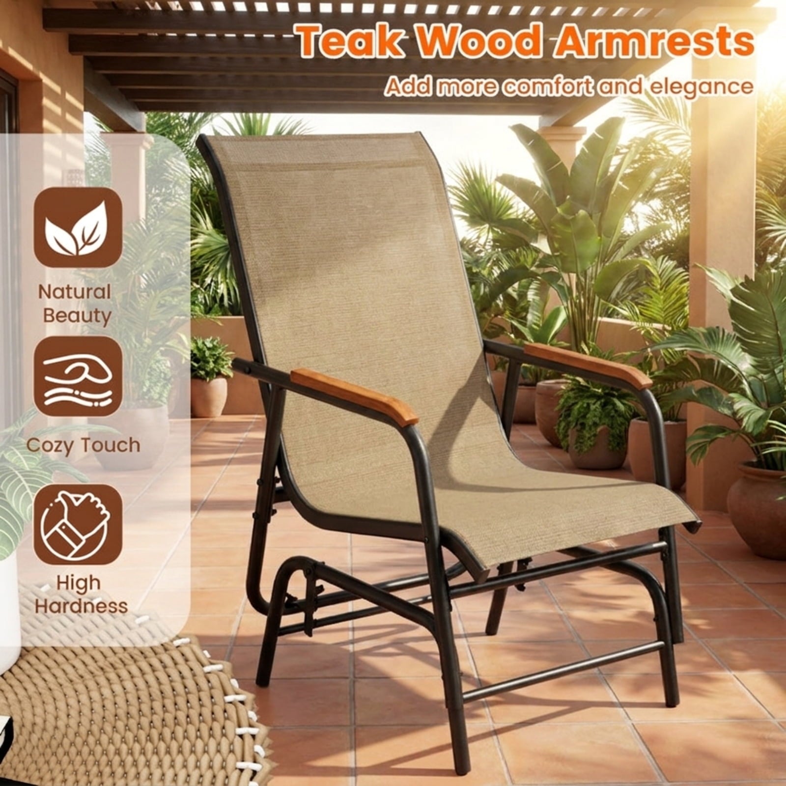 Biotree Patio Glider Bench with Curved Teak Armrests and Breathable Fabric Seat for 3 People Stackable Patio Chair for Garden BackyardBrown