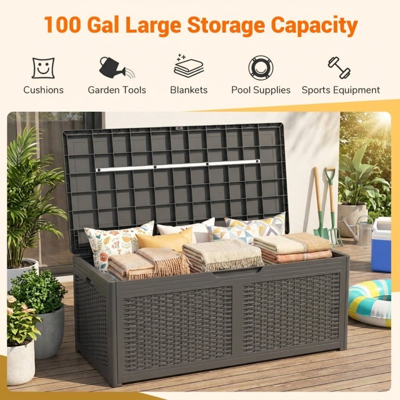 Biotree 100 Gallon Resin Deck Box Outdoor Waterproof Storage Bench Outdoor Waterproof for Patio Deck Garden Cushions, Gray