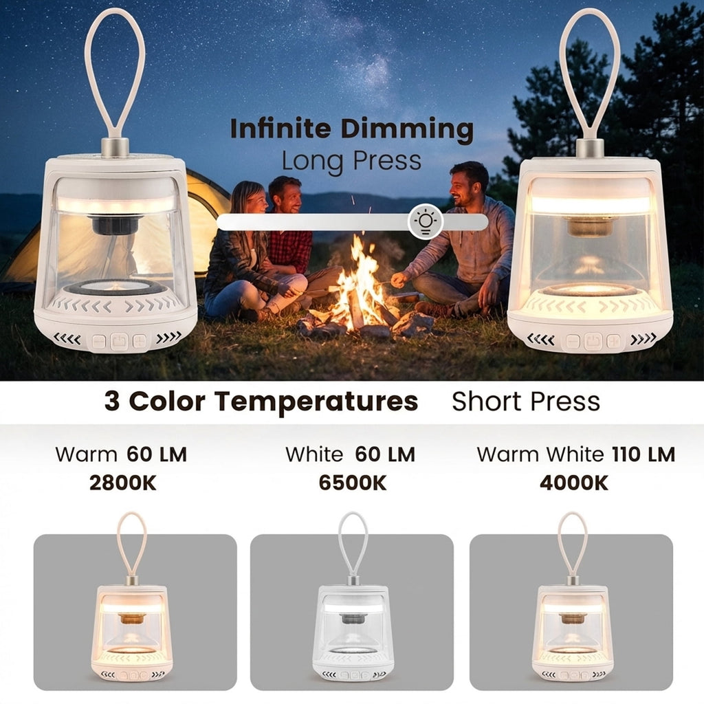 Biotree Outdoor Waterproof Camping Lantern Speaker with 3 LED Light Colors, White