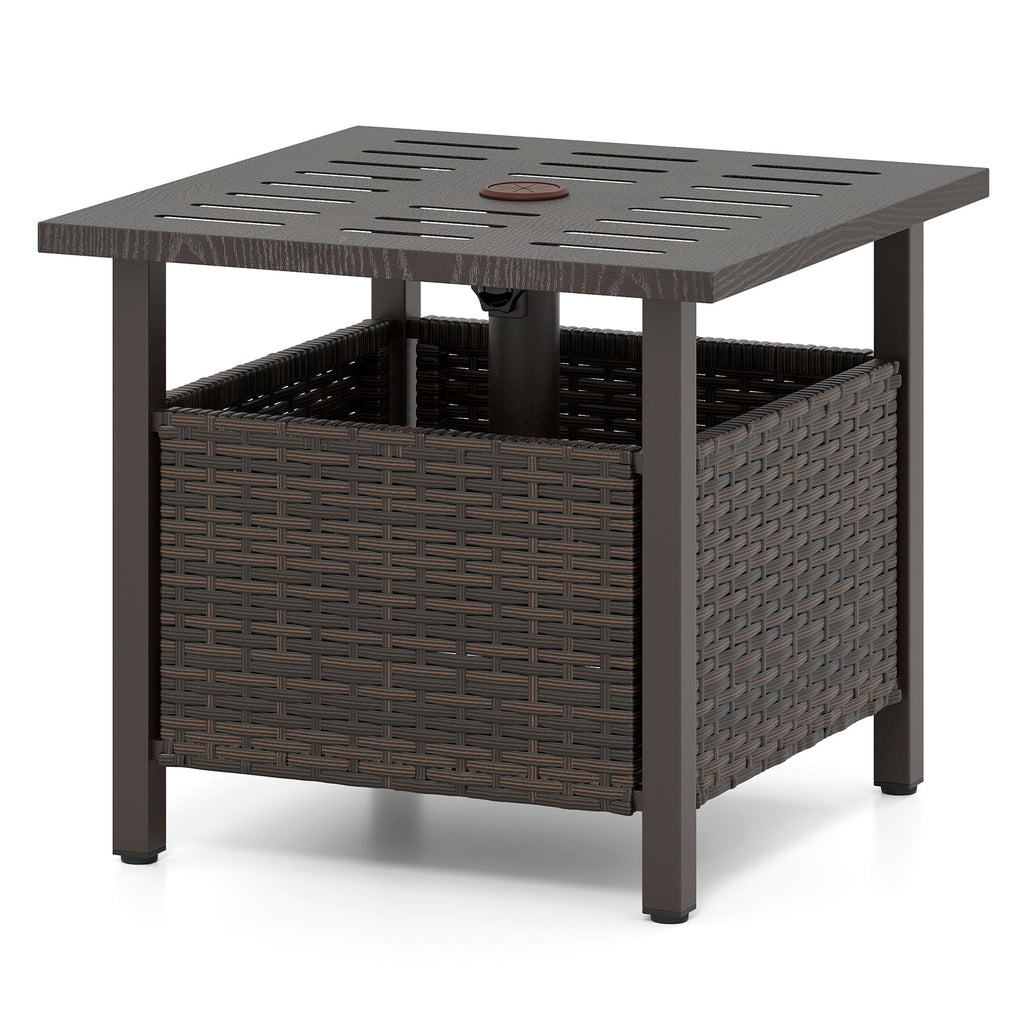 Biotree All-Weather PE Wicker Side Table with Umbrella Hole-Brown